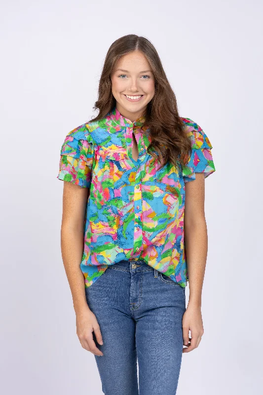 Gilner Farrar Dray Blouse in Brushstroke Floral Collared Satin Blouse