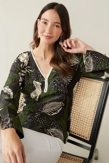 Brown Floral Longsleeve V-Neck Blouse Ruched Sleeve Blouse