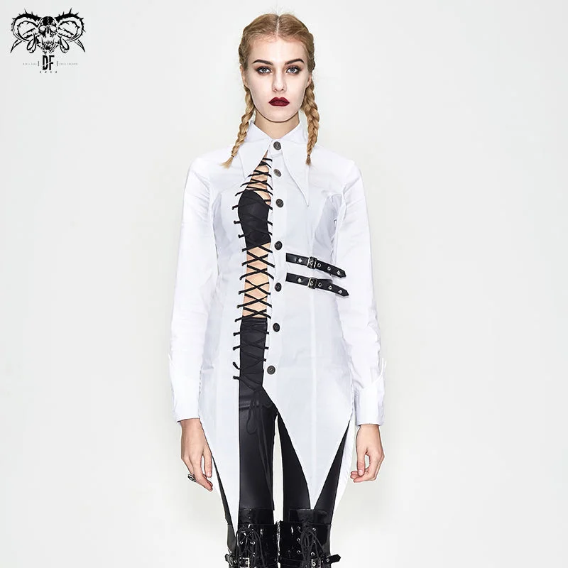 SHT037 everyday asymmetric white punk women cotton long blouse with dovetail Embroidered Cotton Blouse