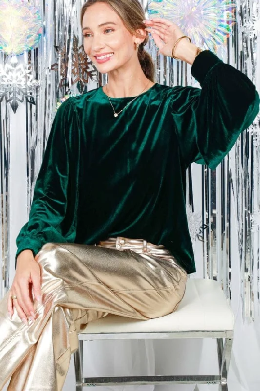 Vine & Love Long Balloon Sleeve Round Neck Velvet Blouse Top in Hunter Green Chic Ruffle Blouse Vine & Love Long Balloon Sleeve Round Neck Velvet Blouse Top in Hunter Green Chic Ruffle Blouse