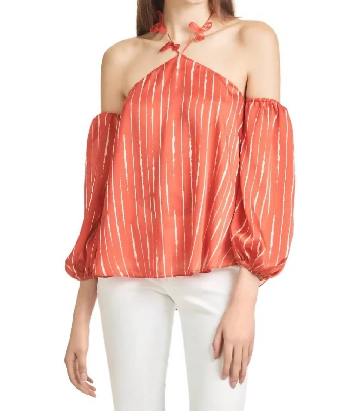 Harlow Blouse In Striped Orange Shibori Ruched Sleeve Blouse
