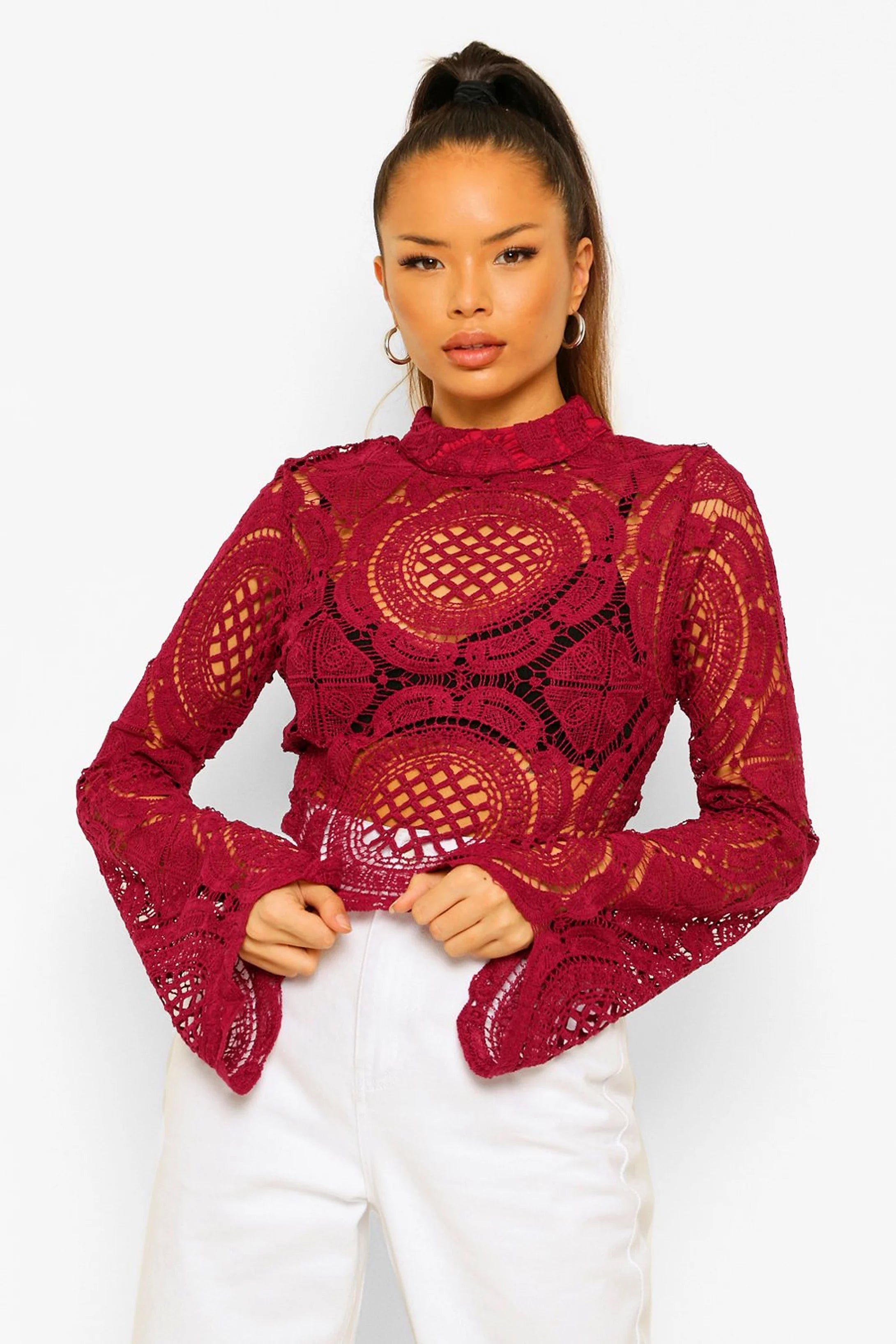 High Neck Crotchet Longsleeve Blouse Feminine Ruffle Blouse