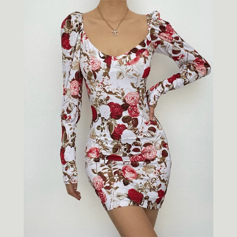 BerryBetty - Square neck long sleeve contrast flowers print mini dress Fashionable Mini Dress with Pockets