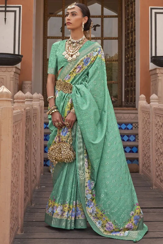 Astonishing Sea Green Color Art Silk Fabric Printed Saree With Same Color Blouse Feminine Ruffle Blouse