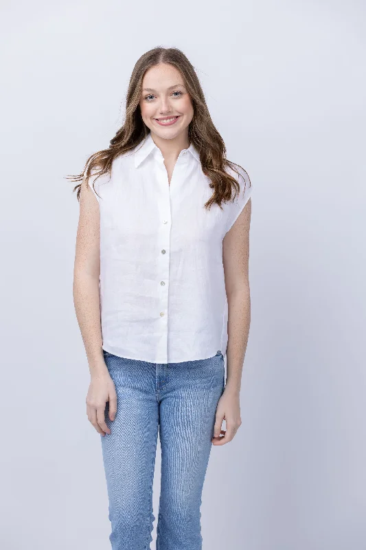 Vince Linen Cap-Sleeve Button-Front Blouse in White Chic Off-Shoulder Blouse
