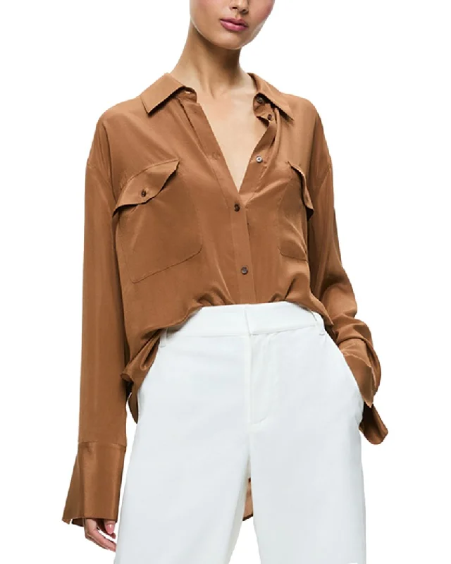 Alice + Olivia Finely Oversized Silk Utility Shirt-- Satin Blend Silk Blend Wool Blend
