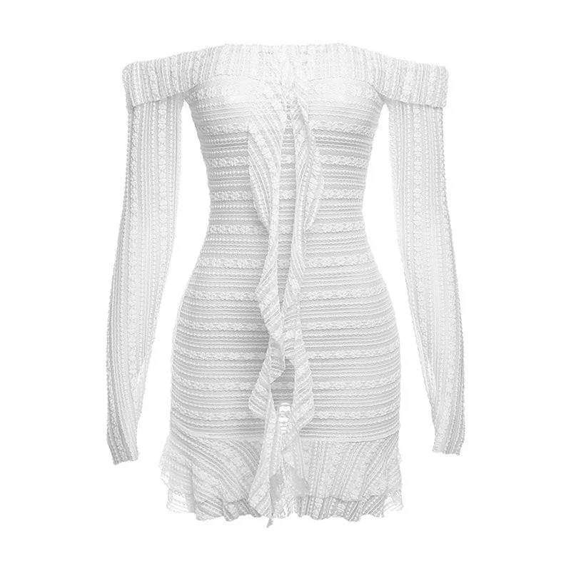 BerryBetty - Lace see through off shoulder ruffle long sleeve solid mini dress Cozy Cowl Neck Mini Dress BerryBetty - Lace see through off shoulder ruffle long sleeve solid mini dress Cozy Cowl Neck Mini Dress