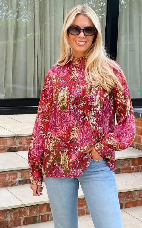 Red Gold Print High Neck Chiffon Blouse Versatile Layering Blouse