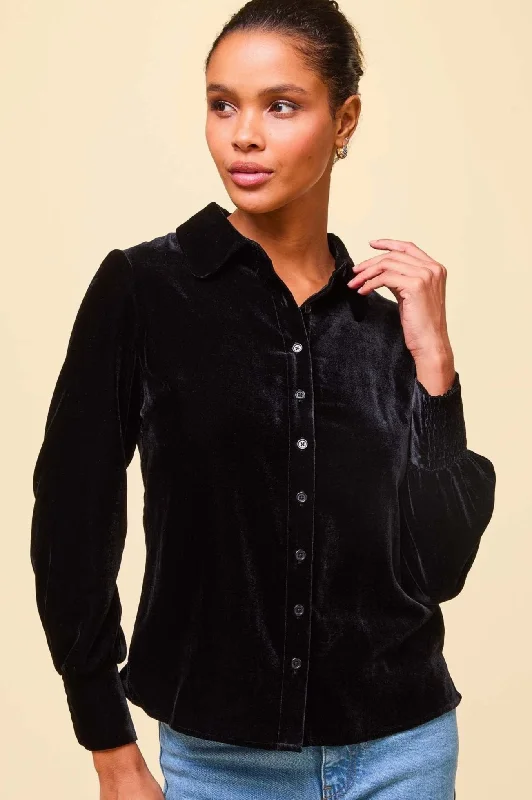 Ffion Velvet Shirt | Black-- Knit Fabric Woven Fabric Fleece Fabric
