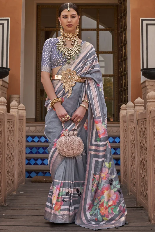 Art Silk Fabric Pleasant Grey Color Printed Saree With Same Color Blouse Smart Casual Blouse