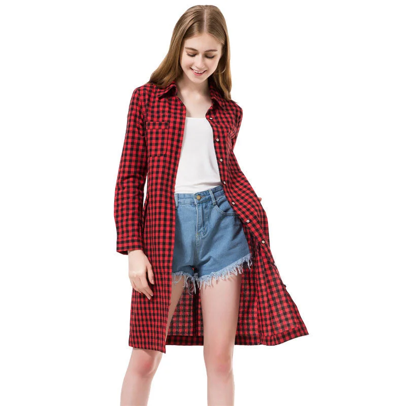 Flannel Women Long Shirts Red Plaid Blouses Long Shirt Dress Longue Casual Shirts Dress Women Clothing Cotton Casual Blouse