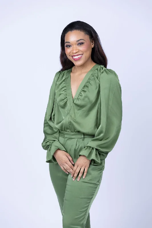 Ramy Brook Eloise V-Neck Blouse in Spruce High Neck Blouse