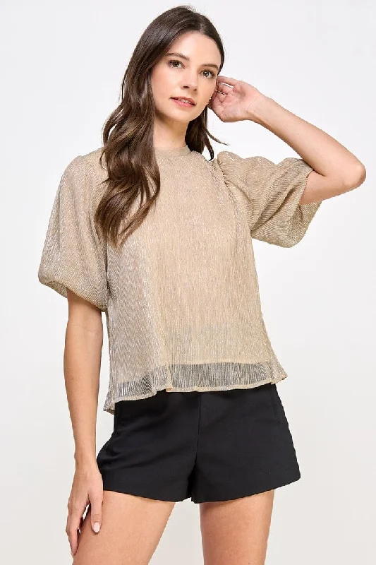 Ellison Metallic Plisse Blouse Gold Satin Long Blouse
