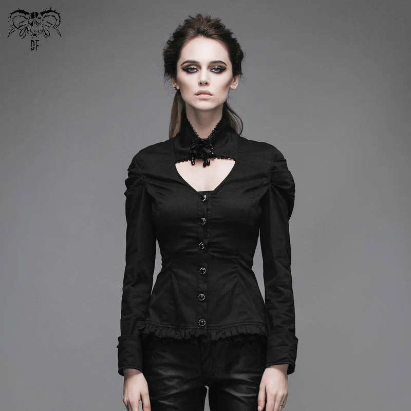 SHT004 Women small collar pleated sleeves everyday wear black elastic blouse with bead pins Delicate Pleat Blouse