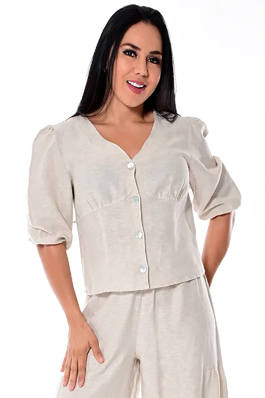 Azucar 100% Linen Ladies 3/4 Sleeve Button Down Linen Blouse-LLB1699 Satin Bow Blouse