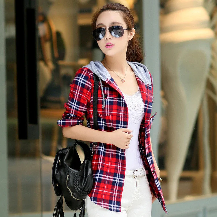 Cotton Long Sleeve Red Checked Plaid Shirt Women Hoodie Casual Fit Blouse Plus Size Sweatshirt Loose Fit Blouse