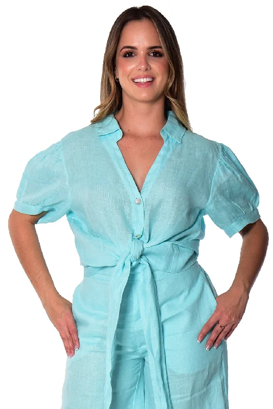 Azucar Ladies Linen S/S Front Tie Blouse in (2) Colors LLWB2087 Gathered Detail Blouse