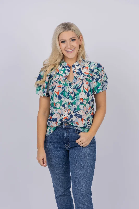 Gilner Farrar Dray Blouse in Magnolia Print Embellished Collar Blouse