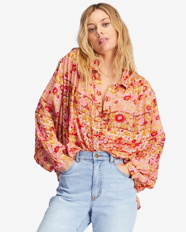 Day After Day Oversized Button-Down Shirt - Pink Skies-- Beaded Sequined Faux Fur