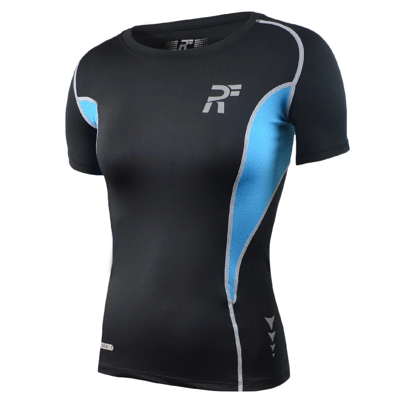 RunFlyte Women's Swarna Flow Short Sleeve T-Shirt Silvery Black/Aqua Blue-- Iron Safe Non-Iron Wrinkle Free