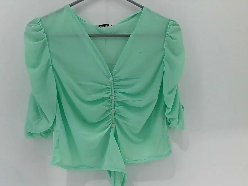 Women's Light Green Stretch Strap Pull On Blouse Size Large Silky Draped Blouse