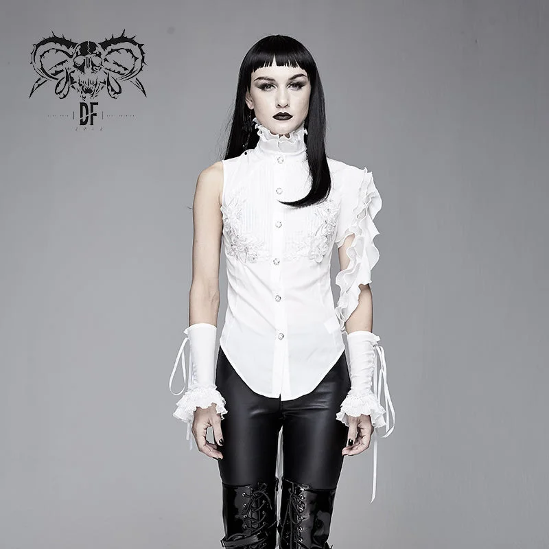 SHT04002 Summer Gothic white women ruffled lace sleeves swallowtail high collar blouse Sweetheart Neck Blouse