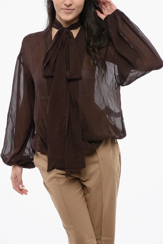 Blumarine Sheer Silk Blouse With Tie Neck Playful Puff Blouse
