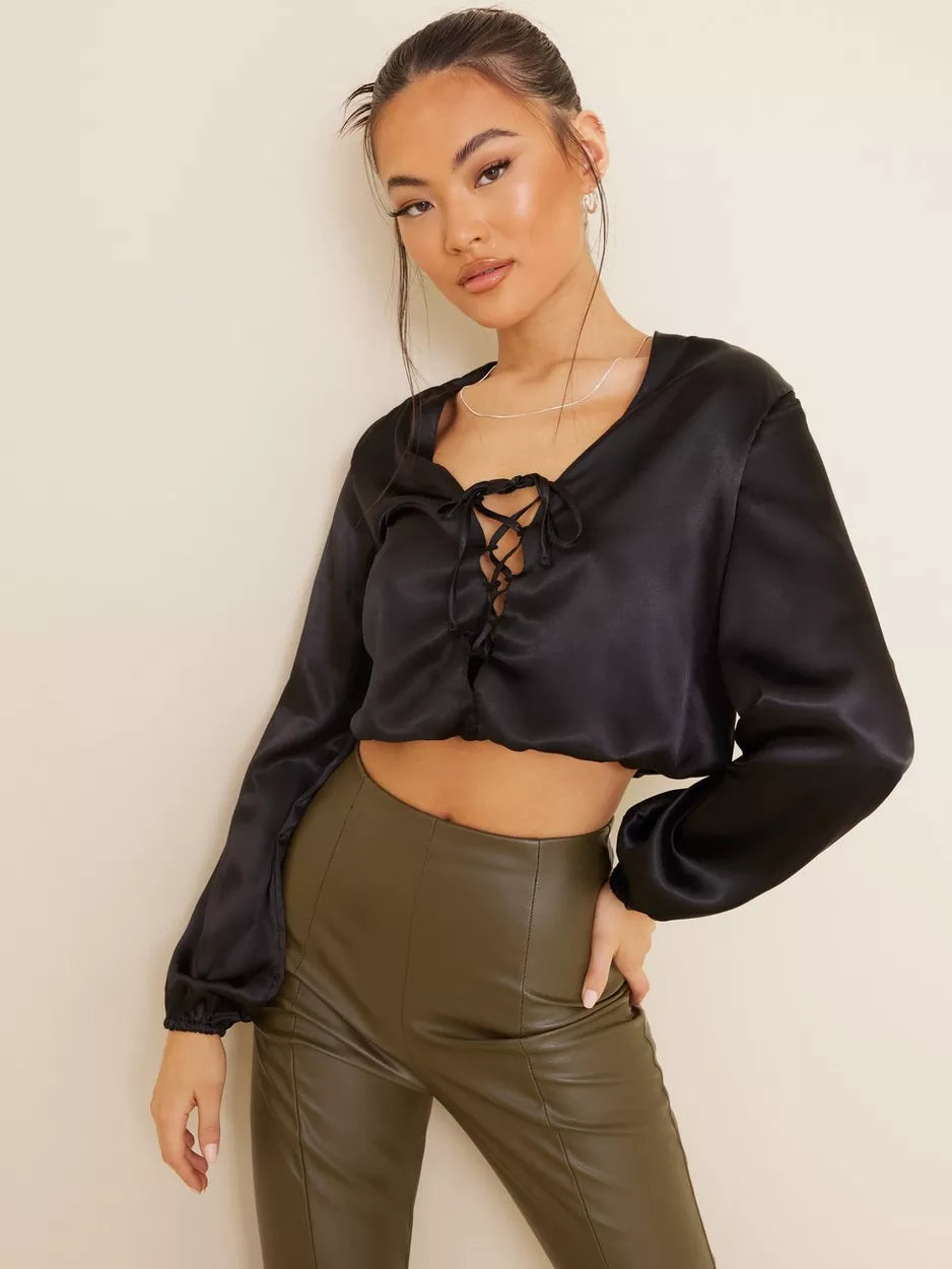 Lace Up Blouse Black Stretchy Fitted Blouse