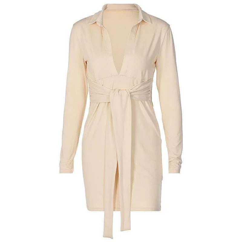 BerryBetty - Long sleeve deep v neck turnover collar mini dress Elegant Tulle Mini Dress