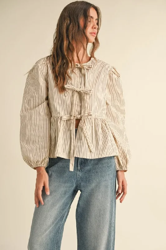 Miou Muse Striped Woven Blouse with Tie Front Elegant Lace Blouse