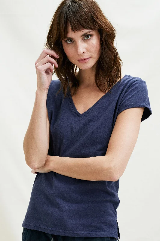 V-Neck Cotton T-shirt | Navy-- Ribbed T-Shirt High Neck Heavyweight