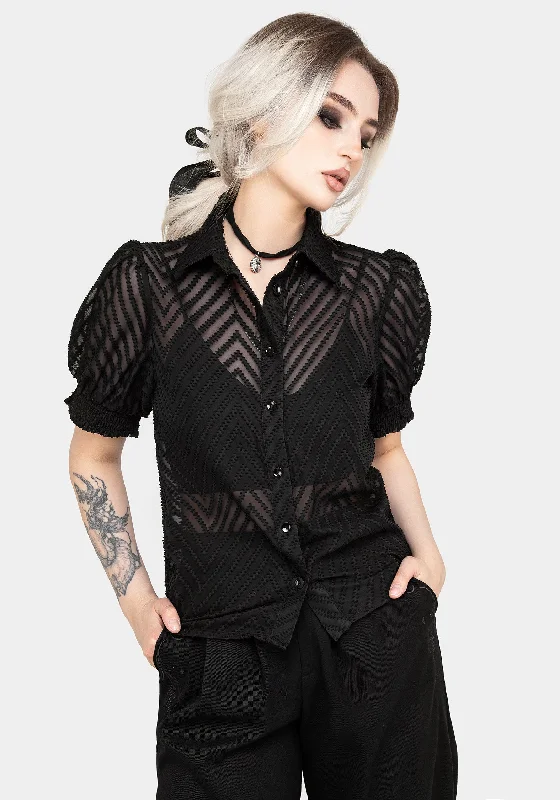 Chevron Button Up Blouse Top Sheer Mesh Blouse