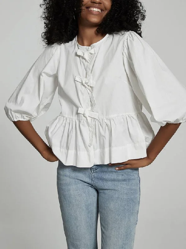 Rosa Clothing Elowyn Bow Tie Front Bubble Sleeve Blouse Peter Pan Collar Blouse
