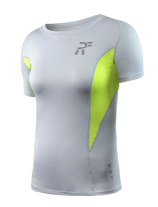 RunFlyte Women's Swarna Flow Short Sleeve T-Shirt Silvery Grey/Volt-- Fashionable Trendy Casual
