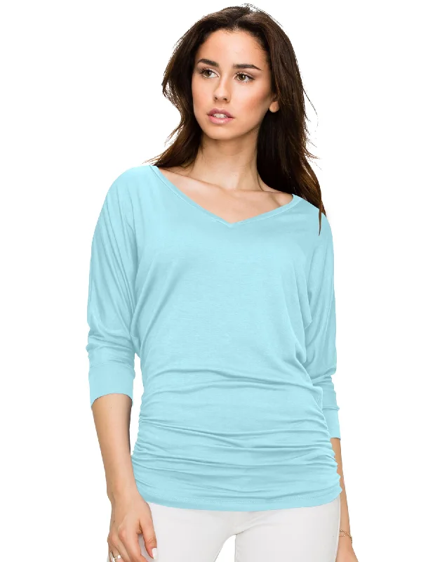 Women's V Neck 3/4 Sleeve Drape Dolman Shirt Top with Side Shirring-- Oversized T-Shirt Spandex breathable