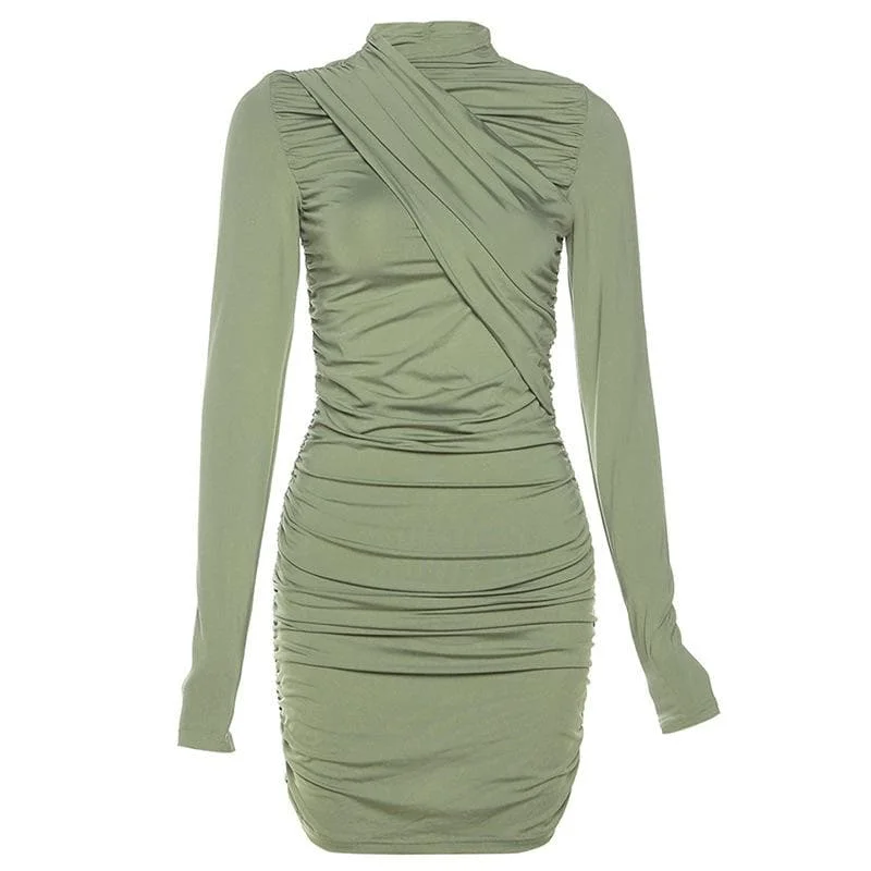 BerryBetty - Ruched long sleeve irregular solid mini dress Trendy Denim Mini Dress