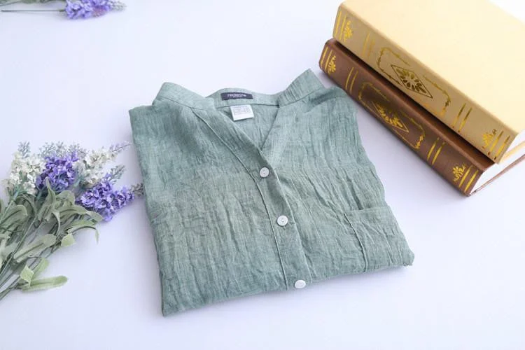 Women's Fashion Women Blouse Solid Button Linen V-Neck Causal Women Blouse Drape Neck Blouse