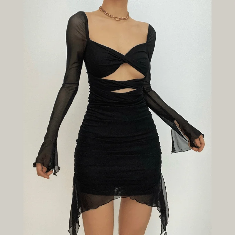 BerryBetty - Long sleeve solid hollow out slit mesh ruched zip-up backless mini dress Elegant Satin Lace Mini Dress