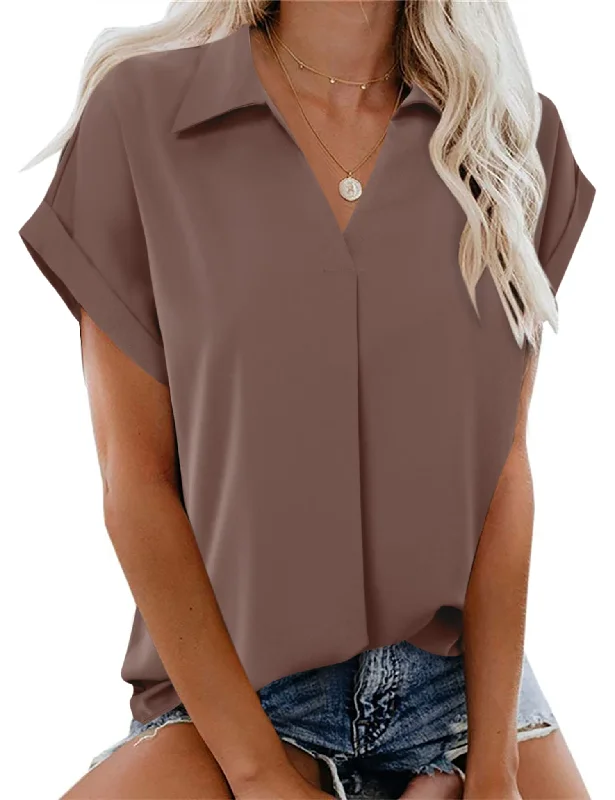 Gaharu Women’s Chiffon Blouse Collared V Neck Short Summer Top Coffee Medium Double Button Blouse Gaharu Women’s Chiffon Blouse Collared V Neck Short Summer Top Coffee Medium Double Button Blouse