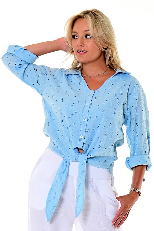 AZUCAR LADIES FRONT TIE EYELET LONG SLEEVE BLOUSE 100% COTTON - IN (4) COLORS - LCB2201 Chic Ruffle Blouse AZUCAR LADIES FRONT TIE EYELET LONG SLEEVE BLOUSE 100% COTTON - IN (4) COLORS - LCB2201 Chic Ruffle Blouse
