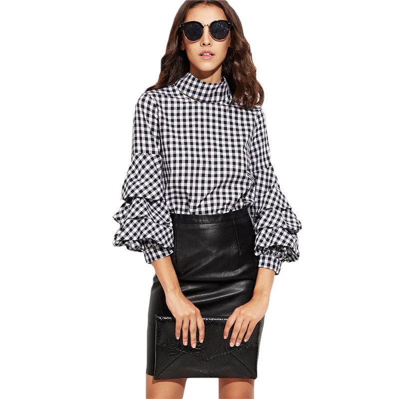 Ladies Office Women Blouses and Tops Black Gingham Cutout High Neck Billow Three Quarter Length Sleeve Plaid Blouse Elegant Office Blouse Ladies Office Women Blouses and Tops Black Gingham Cutout High Neck Billow Three Quarter Length Sleeve Plaid Blouse Elegant Office Blouse