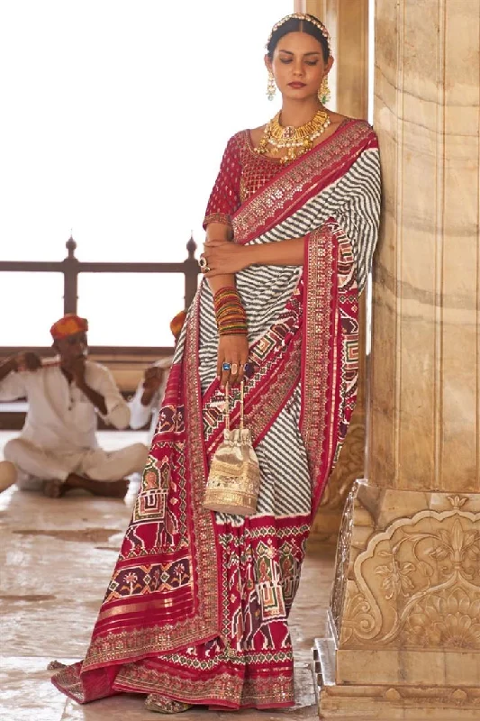 Wine Color Function Wear Printed Patola Silk Fabric Incredible Saree With Semi Stitched Blouse Embroidered Floral Blouse Wine Color Function Wear Printed Patola Silk Fabric Incredible Saree With Semi Stitched Blouse Embroidered Floral Blouse
