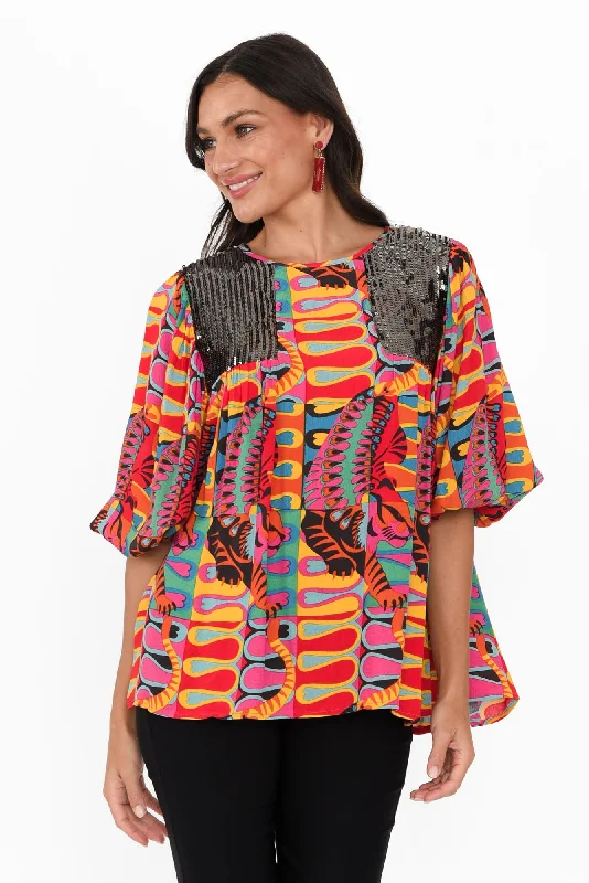 Lady Godiva Pink Abstract Sequin Blouse High Neck Blouse
