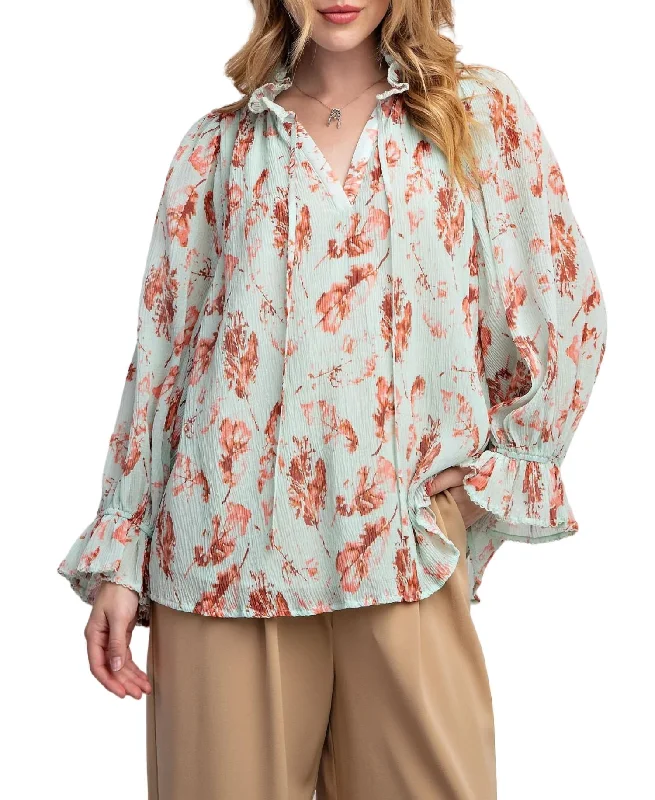 Printed Chiffon Blouse In Mint Wrap Front Blouse