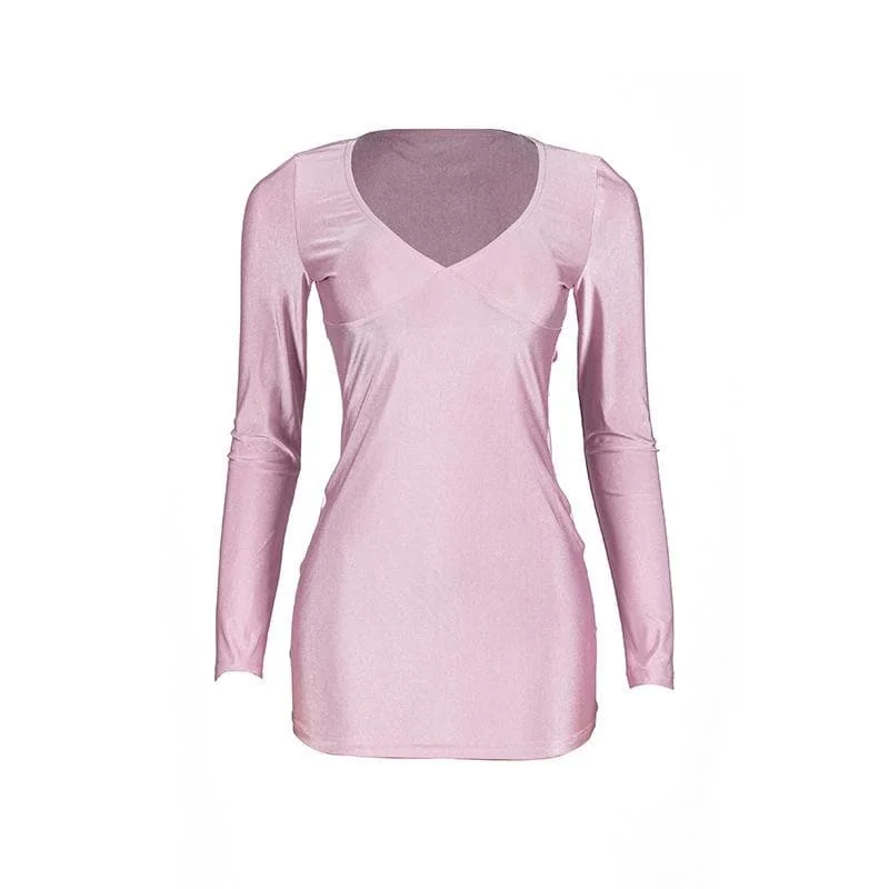 BerryBetty - Solid v neck long sleeve mini dress Cozy Knit Mini Dress