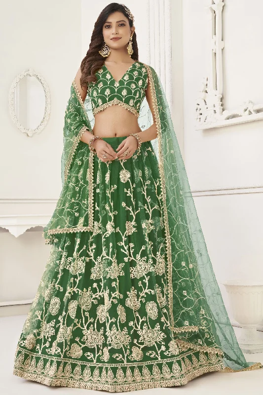 Occasion Wear Green Embroidered Lehenga In Net Fabric With Designer Blouse Bell Sleeve Blouse