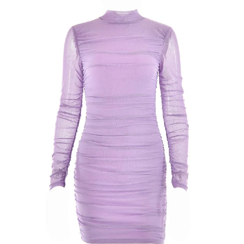 BerryBetty - Mesh ruched zip-up long sleeve solid high neck mini dress Elegant Off-Shoulder Dress Mini BerryBetty - Mesh ruched zip-up long sleeve solid high neck mini dress Elegant Off-Shoulder Dress Mini