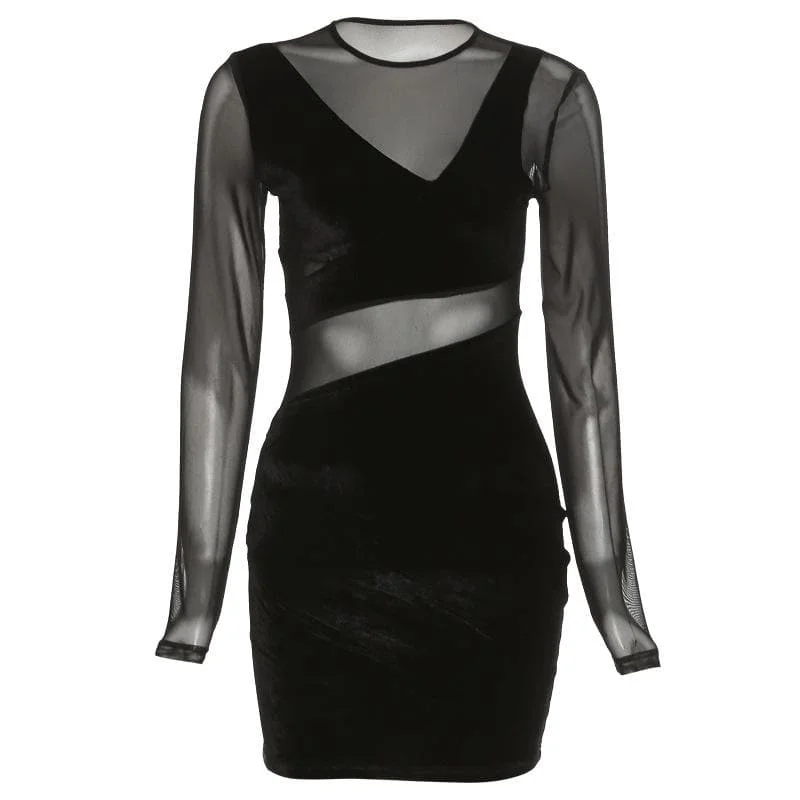 BerryBetty - Mesh velvet solid low cut irregular long sleeve mini dress Stylish Floral Print Mini Dress