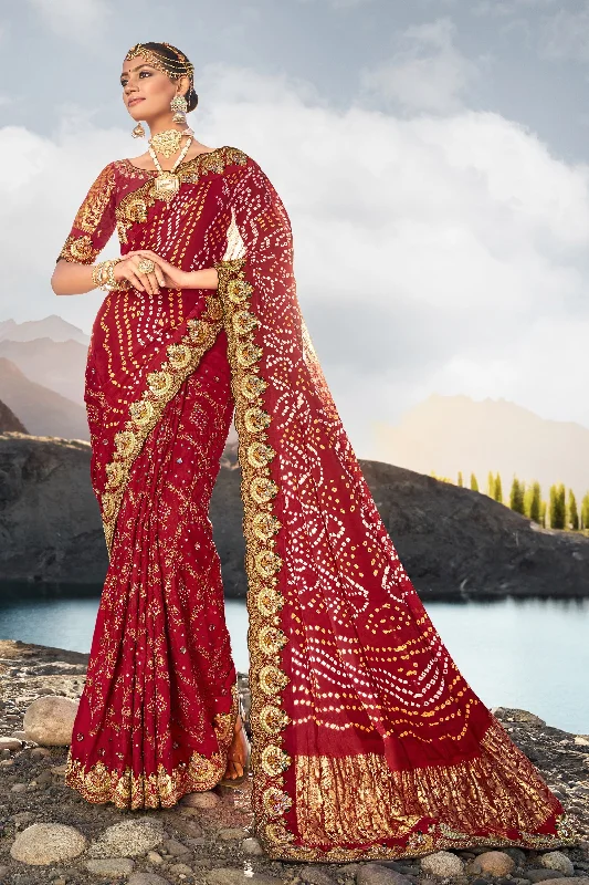 Winsome Pure Gajji Bandhani Maroon Color Satin Saree With Heavy Embroidered Silk Blouse Loose Oversized Blouse