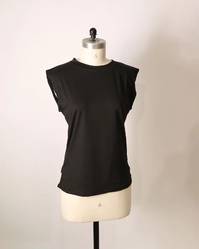 Round Neck Sleeveless T-Shirt - Black-- Polka Dot Checkered Tartan